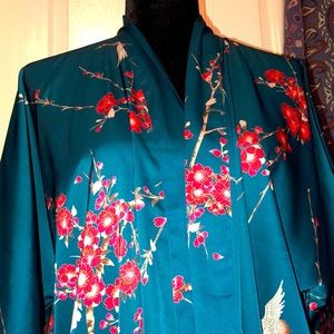 Kim + Ono teal kimono robe; cherry blossom and crane